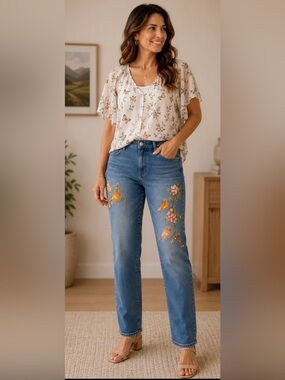 638 Martha Stewart Embroidered Bird Floral Jeans 18W Blue Stretch Straight Leg
